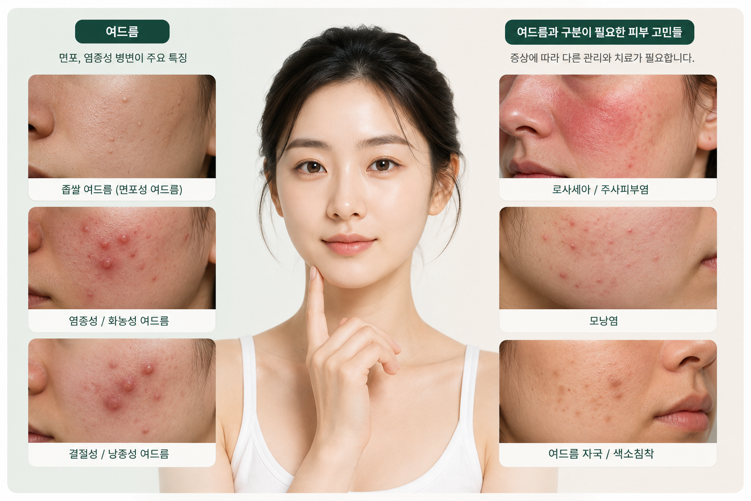 좁쌀 여드름, 염증성·화농성 여드름, 결절성·낭종성 여드름과 로사세아·주사피부염, 모낭염, 여드름 자국·색소침착을 비교한 피부 증상 안내 이미지